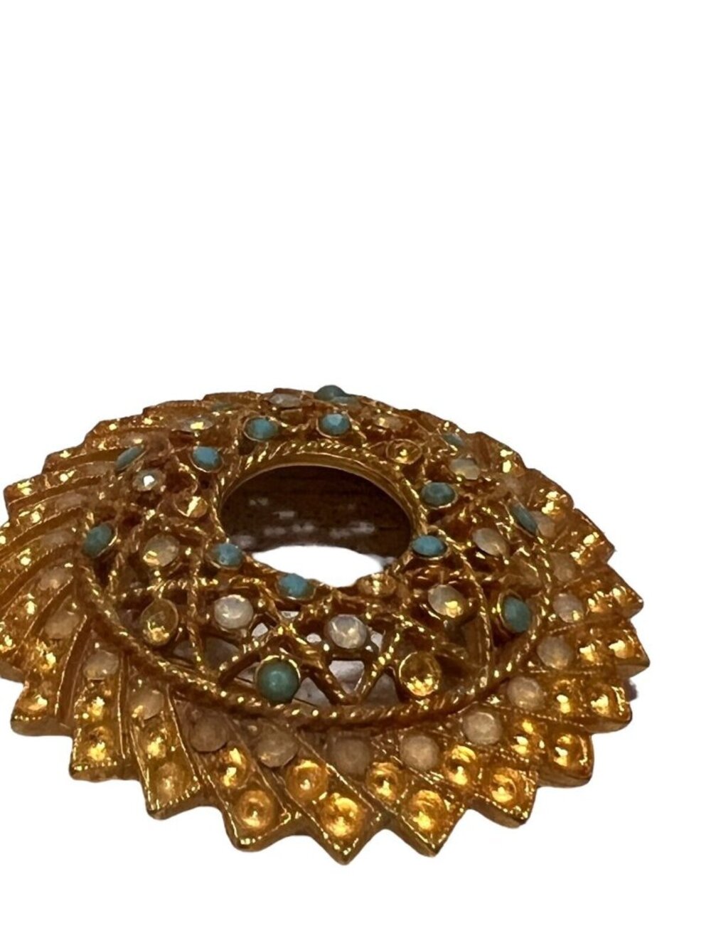 Sarah Cov Signed Vintage Amber Turquoise Rhinestone Gold Costume Brooch Pin - Picture 3 of 9